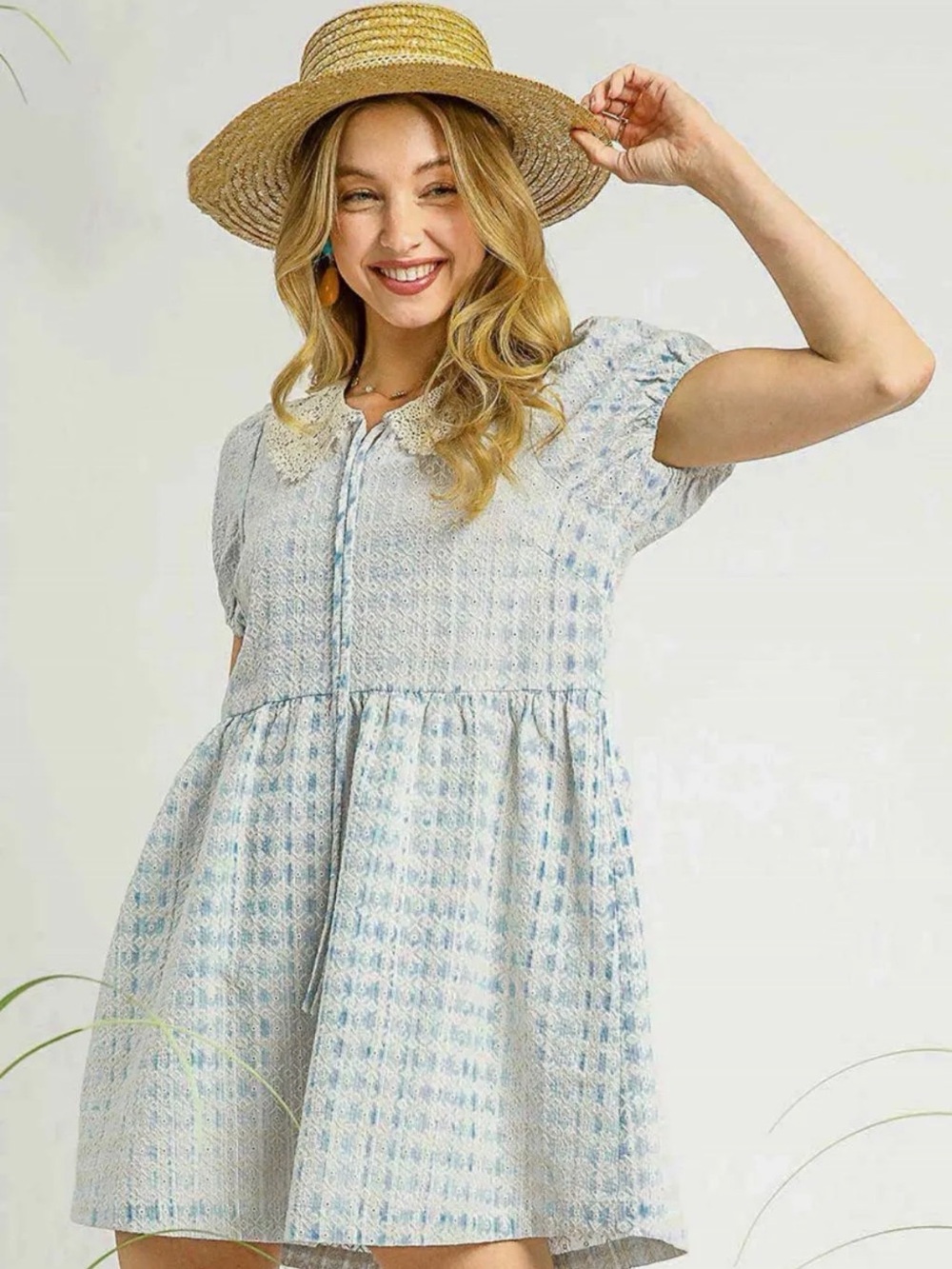 Umgee Light Blue and White Smocked Babydoll Dress